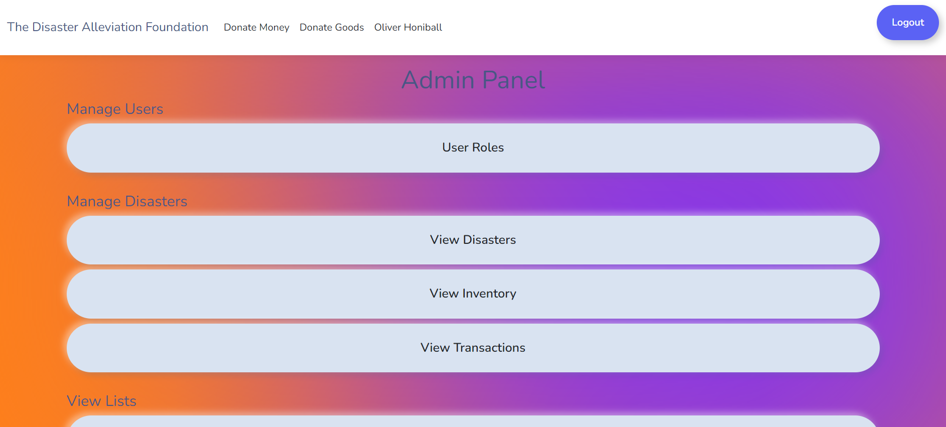 Disaster Admin Panel Page